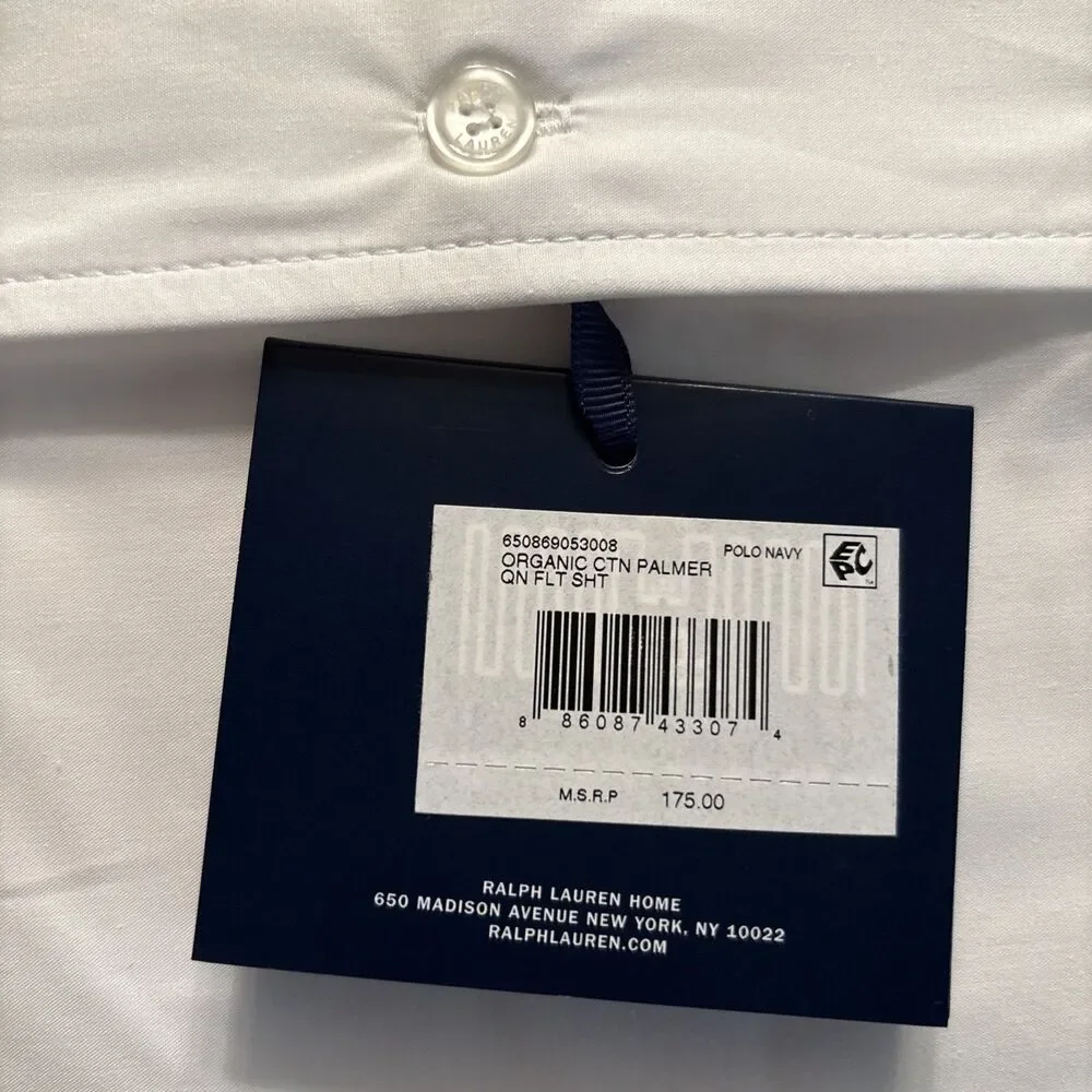 Ralph Lauren Organic Cotton Percale Palmer Queen Flat Sheet $175 White/Polo Navy